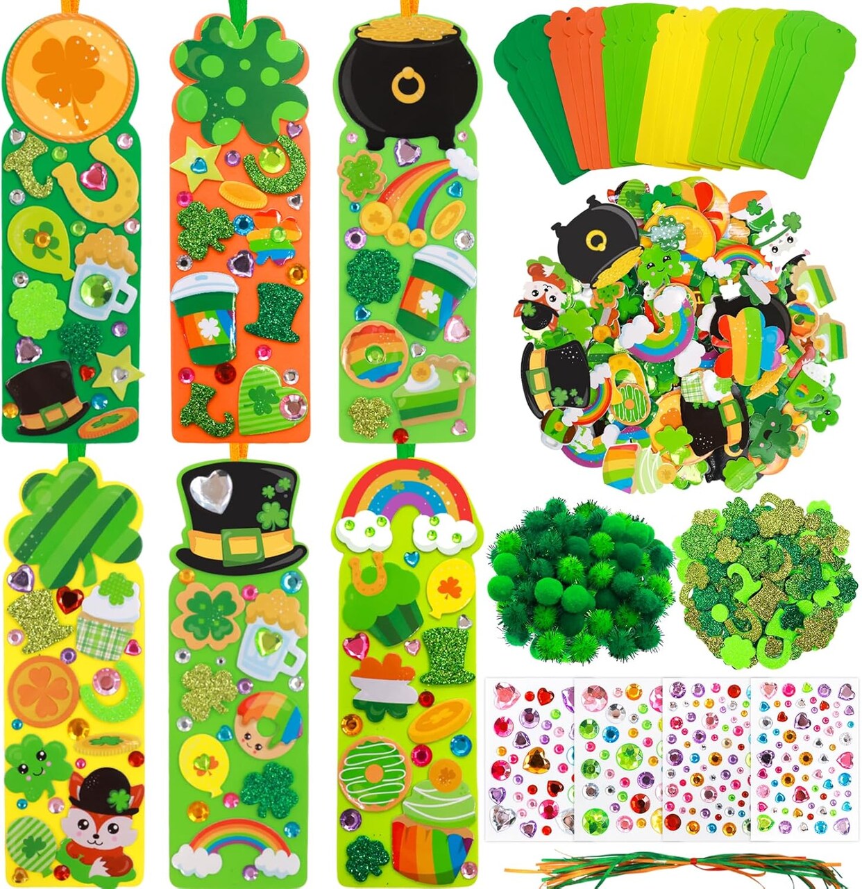 St. Patrick's Day Crafts Kits Shamrock Foam Bookmark Craft DIY St. Patrick's Day Bookmark Decoration with Lucky Clover Foam Stickers for Irish Holiday Classroom Party Favors 24 Sets